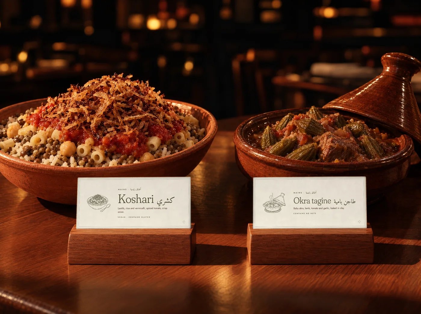 Buffet tags on wooden stands in front of the dishes