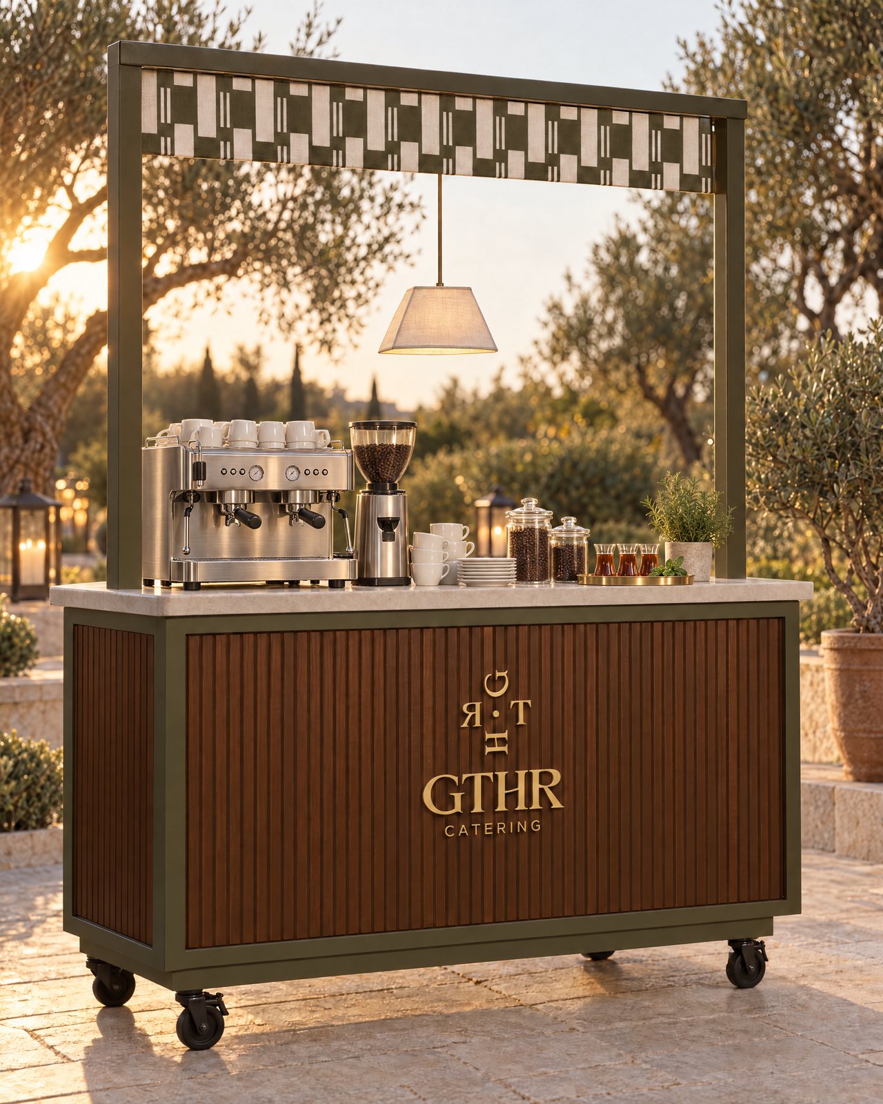 The live-station cart set up for coffee and tea