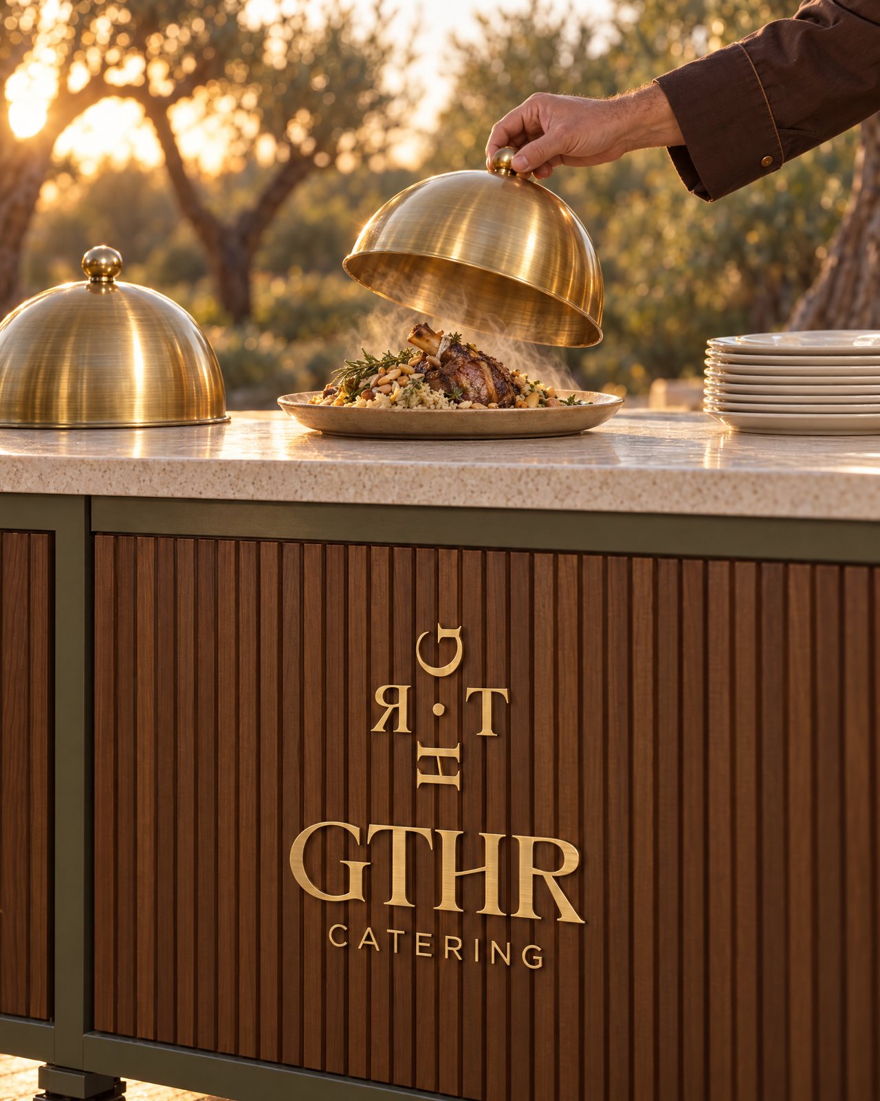 A brass cloche lifted over a lamb dish on the cart