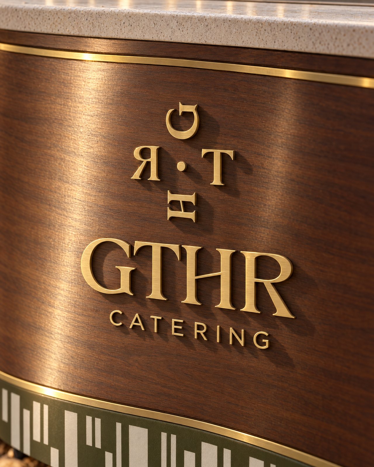 Brass lettering on the walnut front