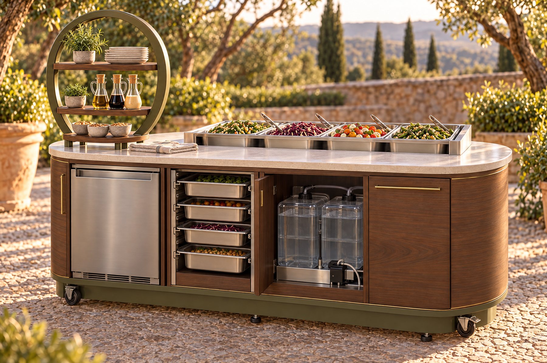 The staff side of the wave bar with fridge, pans and water tanks